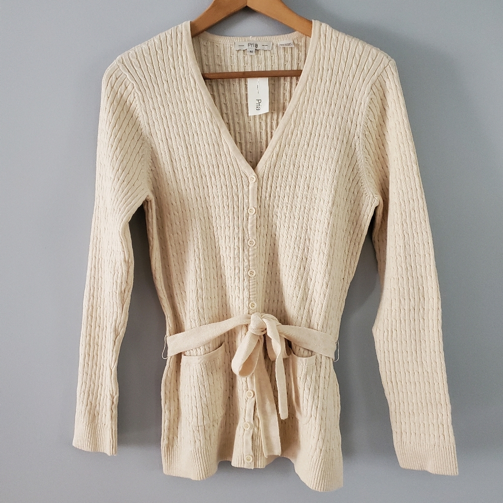Pria Button-down Tie Waist Patch Pocket Cardigan Size M